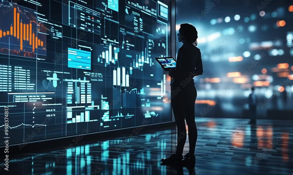 A silhouette interacts with a digital display of data and analytics in a futuristic environment. A silhouette interacts with a digital display of data and analytics in a futuristic environment.