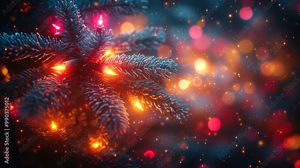 Fototapeta premium Decorated Christmas tree with colorful lights and soft bokeh background