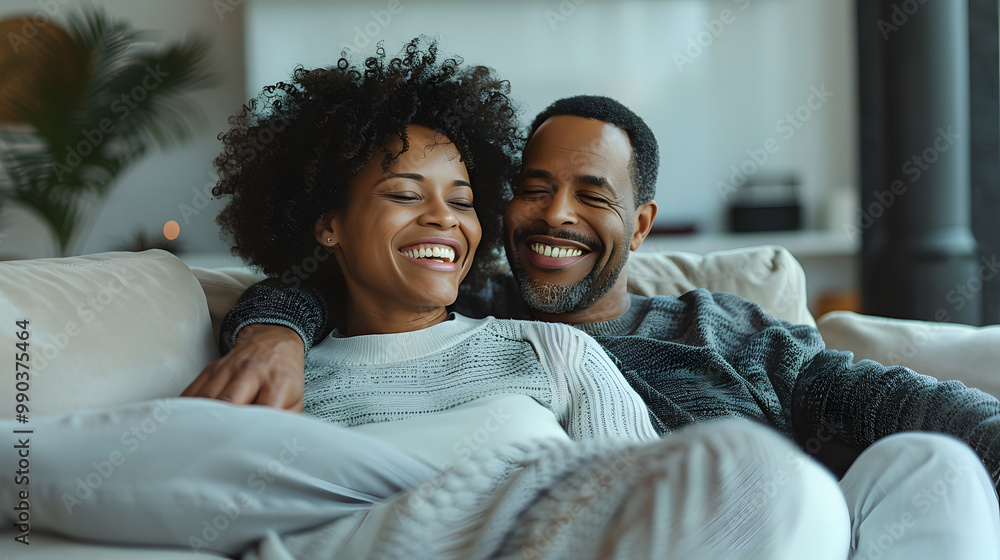 Happy laughing middle aged couple bonding while relaxing sitting on sofa Happy laughing middle aged couple bonding while relaxing sitting on sofa