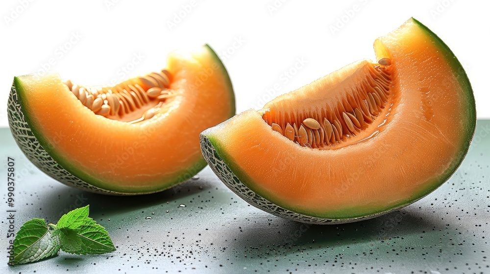Cantaloupe honey melon sliced, half and full isolated on white background. Cantaloupe honey melon sliced, half and full isolated on white background.