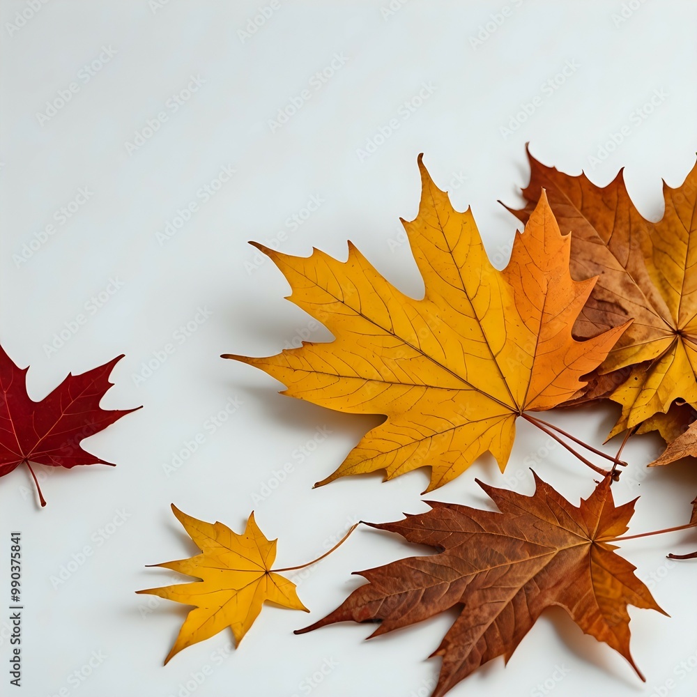 Assorted autumn maple leaves in vibrant shades of yellow, orange, and red on a clean white background. Assorted autumn maple leaves in vibrant shades of yellow, orange, and red on a clean white background.