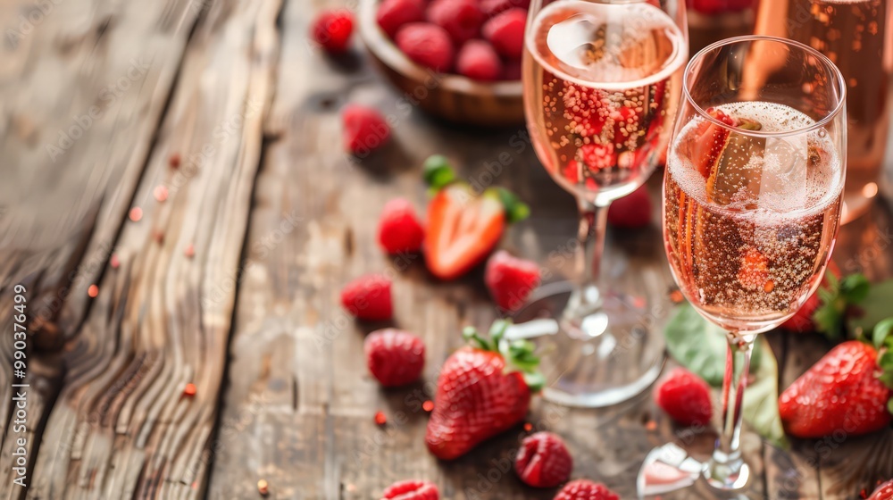 Sparkling rose champagne in glasses, surrounded by fresh strawberries and raspberries on a wooden table Sparkling rose champagne in glasses, surrounded by fresh strawberries and raspberries on a wooden table