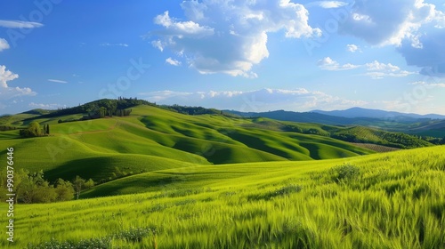 Hills And Sky. Scenic View of Rolling Green Hills and Blue Sky in Tuscany Landscape photo