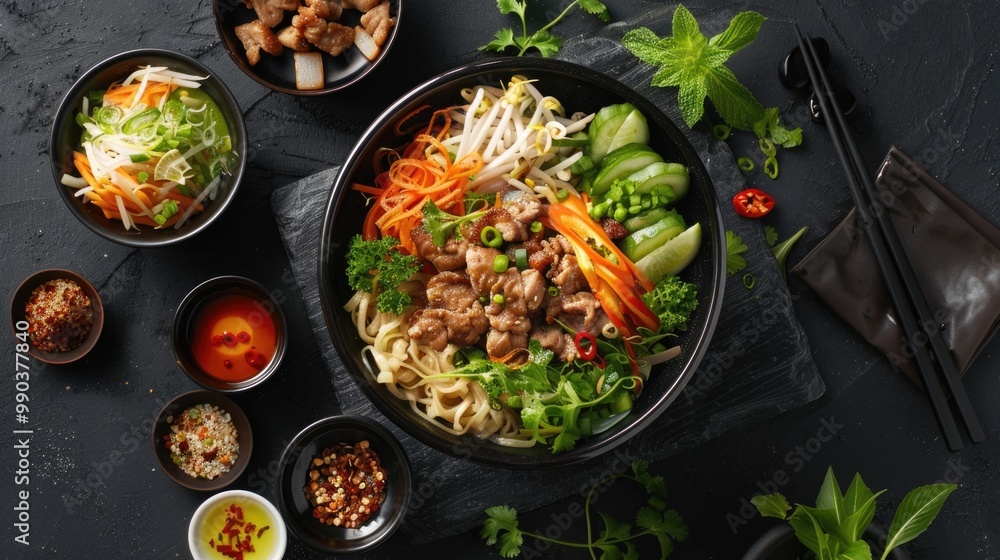 Homemade Food. Stone Bowl with Asian Noodles and Chopsticks on Dark Background Homemade Food. Stone Bowl with Asian Noodles and Chopsticks on Dark Background