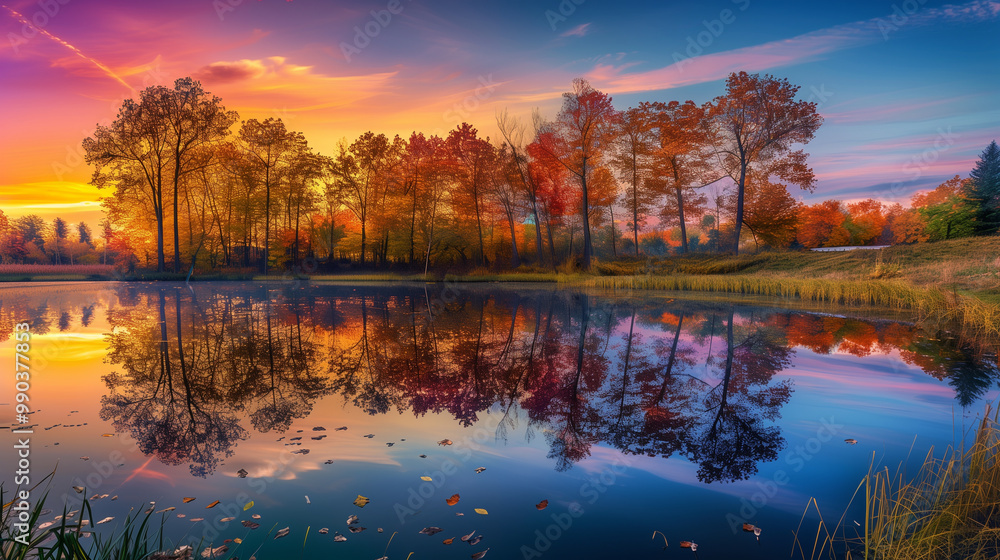 Obraz premium A breathtaking autumn sunset reflecting vibrant fall foliage on a serene lake, featuring colorful skies and tranquil water. 