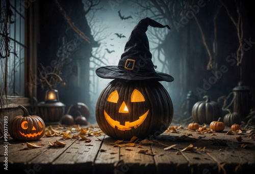 Zucche di Halloween Intagliate con Cappelli da Strega e Candele in Scena Autunnale  photo