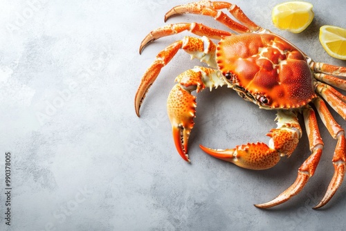 Whole king crab on a clean minimalist surface with lemon halves for a fresh seafood presentation photo