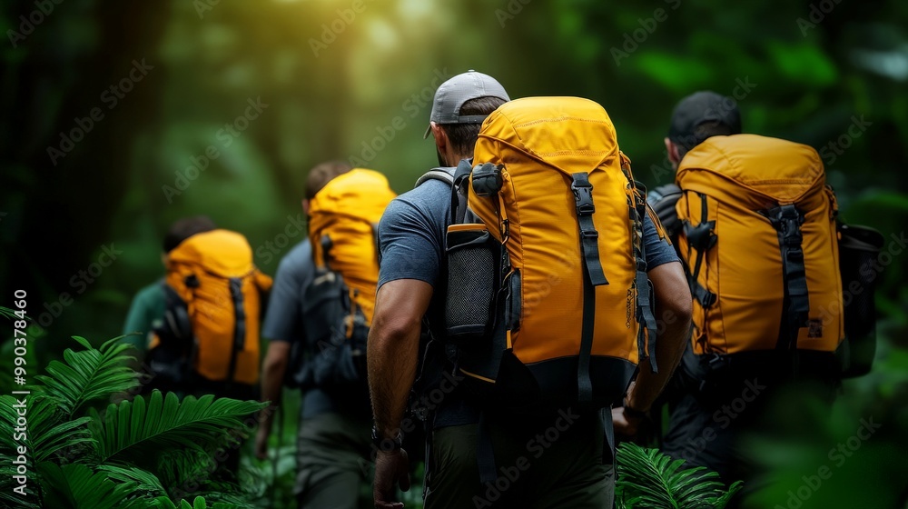Into the Wild: A group of adventurers, their backs to the camera, embark on a thrilling journey through a lush, tropical forest. Sunlight filters through the canopy, illuminating their path and creati Into the Wild: A group of adventurers, their backs to the camera, embark on a thrilling journey through a lush, tropical forest. Sunlight filters through the canopy, illuminating their path and creati