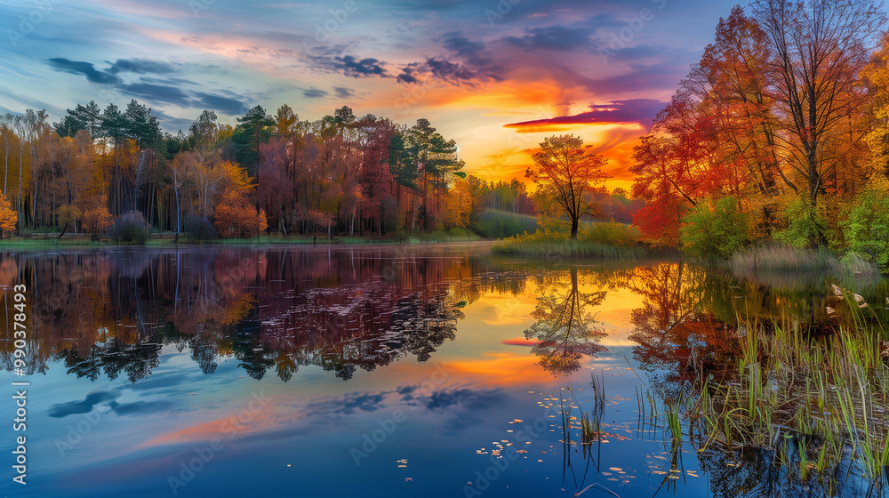 Fototapeta premium A breathtaking autumn sunset reflecting vibrant fall foliage on a serene lake, featuring colorful skies and tranquil water. 