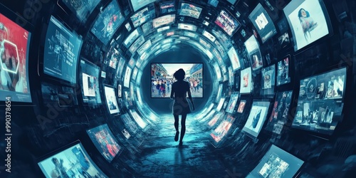 A tunnel-like walkway lined with many screens showing various images. A person walks down the center.