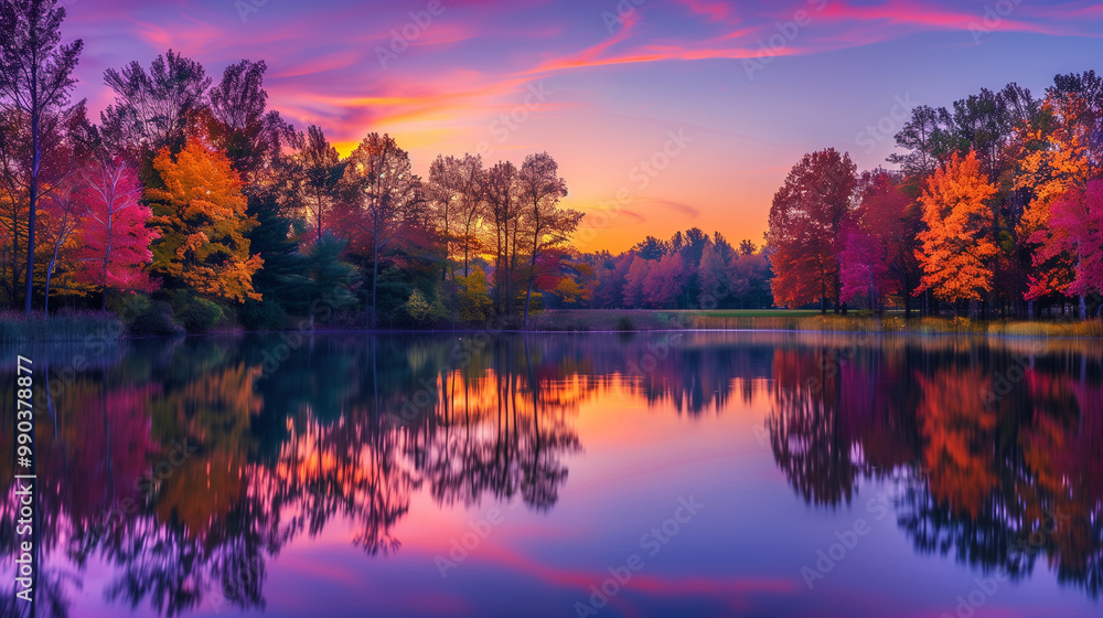 Obraz premium A breathtaking autumn sunset reflecting vibrant fall foliage on a serene lake, featuring colorful skies and tranquil water. 