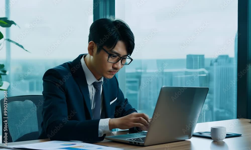 South Korean Man Working in Modern Office Environment South Korean Man Working in Modern Office Environment