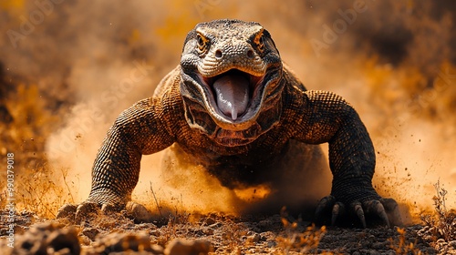 A Komodo dragon charges towards the camera with its mouth open, showing its sharp teeth and powerful muscles. photo