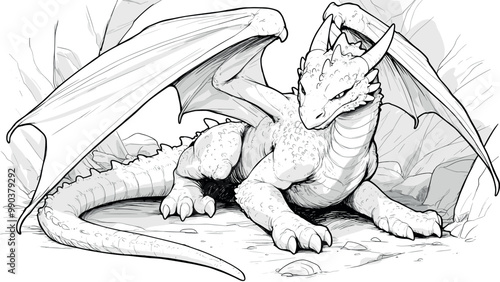 Fearsome Dragon in His Cave Coloring Book Page for Kids Detailed Illustration Mystical Cave Scene Fun Fantasy Drawing for Children Majestic Creature Art Page