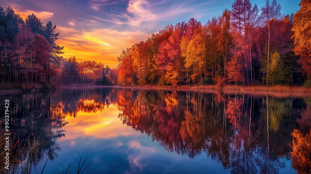 Obraz premium A breathtaking autumn sunset reflecting vibrant fall foliage on a serene lake, featuring colorful skies and tranquil water. 