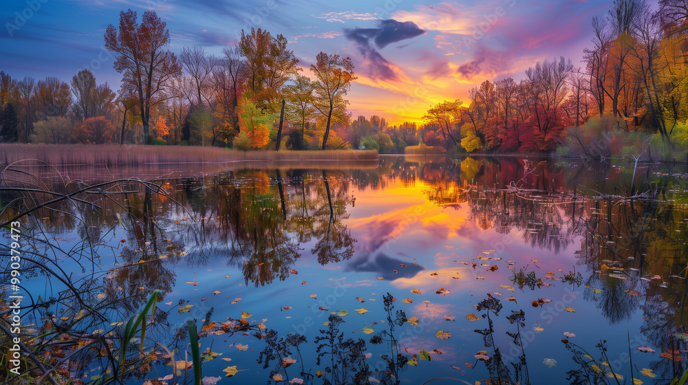 Obraz premium A breathtaking autumn sunset reflecting vibrant fall foliage on a serene lake, featuring colorful skies and tranquil water. 