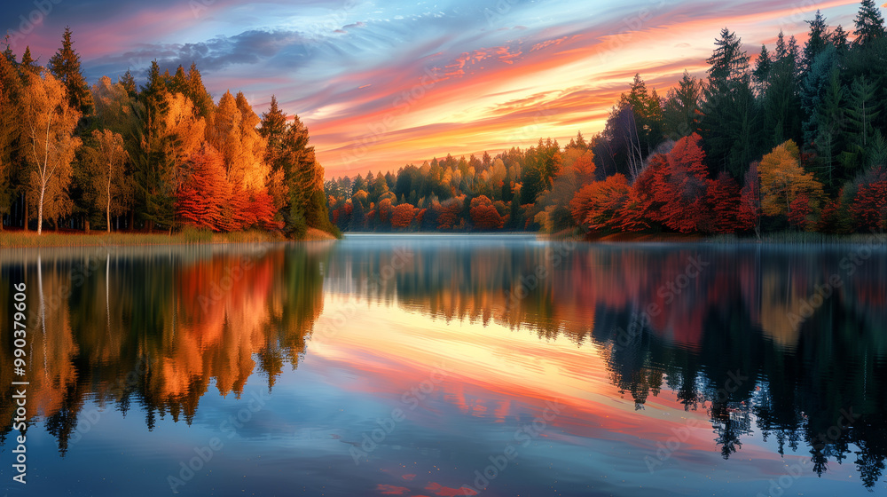 Obraz premium A breathtaking autumn sunset reflecting vibrant fall foliage on a serene lake, featuring colorful skies and tranquil water. 