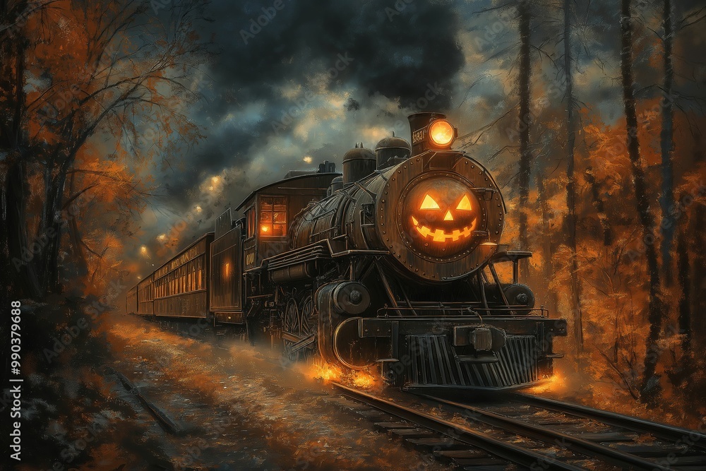 A nostalgic steam train with a glowing pumpkin face travels on tracks, creating a spooky Halloween atmosphere with vibrant autumn colors and mysterious lighting. A nostalgic steam train with a glowing pumpkin face travels on tracks, creating a spooky Halloween atmosphere with vibrant autumn colors and mysterious lighting.