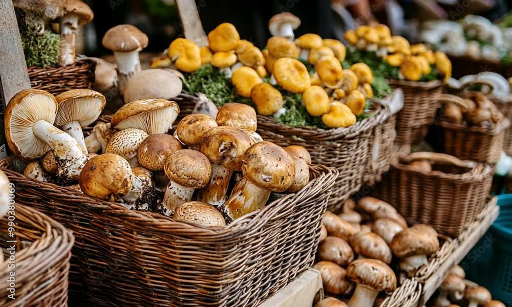 A vibrant display of various mushrooms in woven baskets at a market. A vibrant display of various mushrooms in woven baskets at a market.