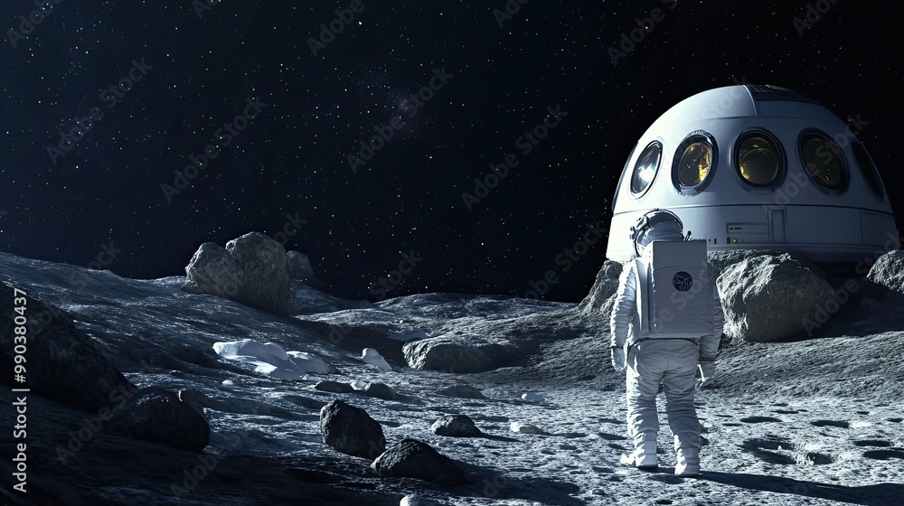 Astronaut Walking on the Moon's Surface Towards a Spacecraft Astronaut Walking on the Moon's Surface Towards a Spacecraft