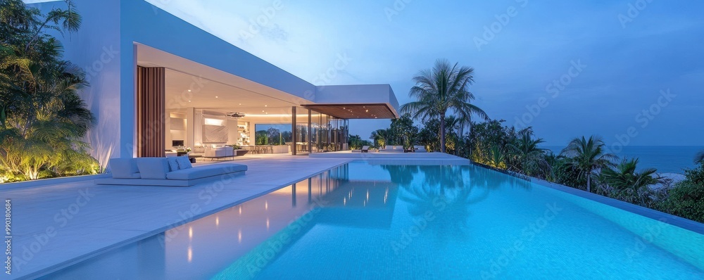 Fototapeta premium A modern villa with a sleek design, featuring a tranquil pool and tropical landscaping under a serene twilight sky.