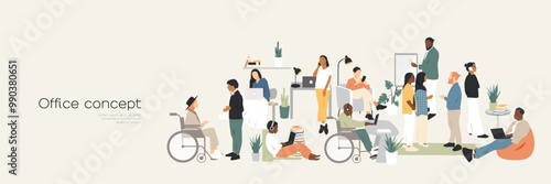 Office concept. Different people work together. Modern minimalist design.