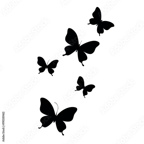 a black and white illustration of a group of six butterflies. The butterflies are arranged in a scattered manner