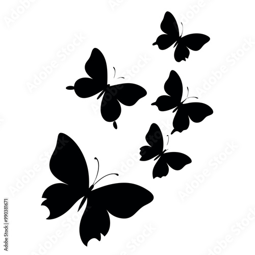 a black and white illustration of a group of six butterflies. The butterflies are arranged in a scattered manner