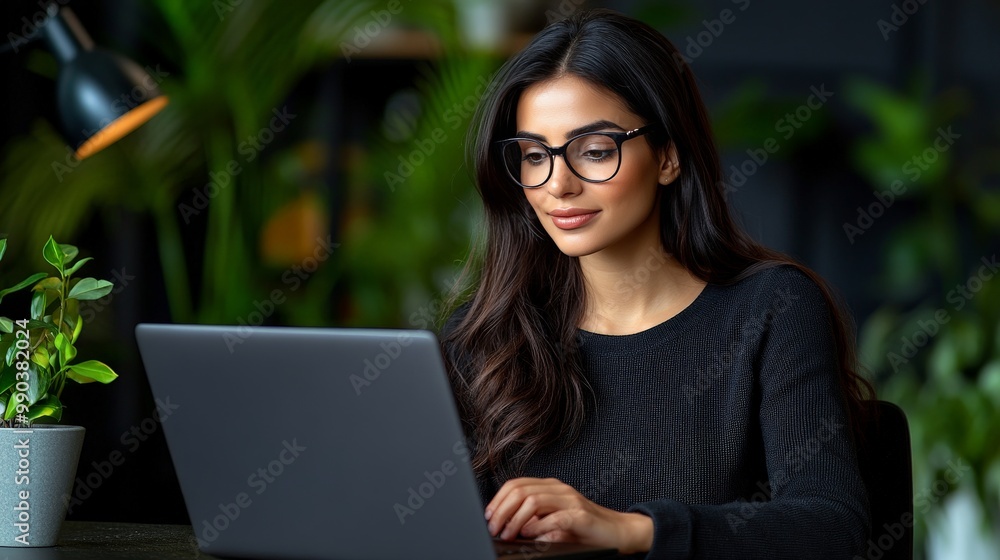 Focused and Empowered: A confident young woman with a determined look, working on her laptop in a modern, green office. The photo evokes a sense of calm productivity and ambition. Focused and Empowered: A confident young woman with a determined look, working on her laptop in a modern, green office. The photo evokes a sense of calm productivity and ambition.