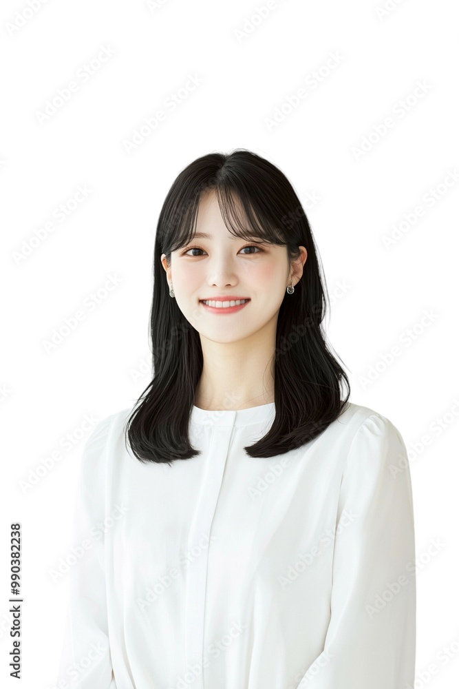Elegant Young Woman with Short Black Hair in White Blouse Elegant Young Woman with Short Black Hair in White Blouse