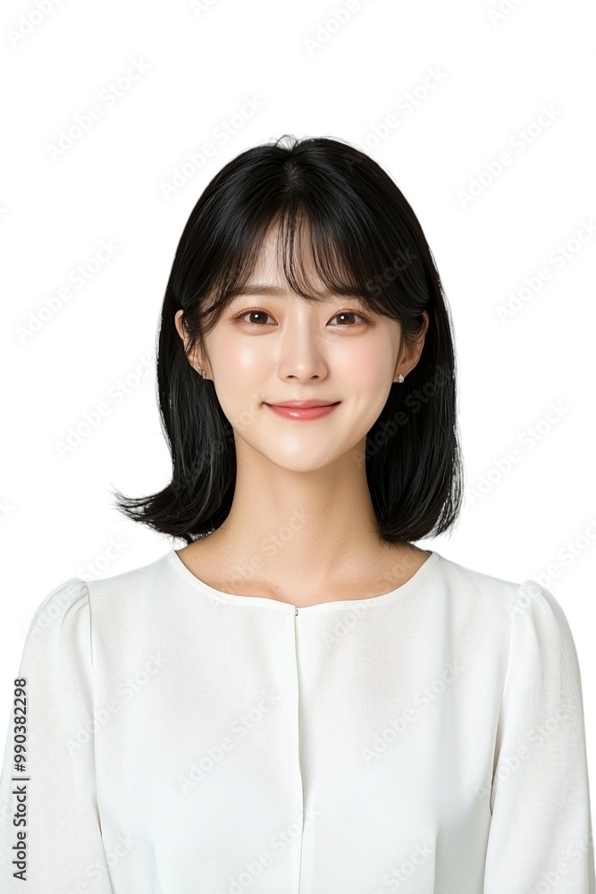 Elegant Young Woman with Short Black Hair in White Blouse Elegant Young Woman with Short Black Hair in White Blouse