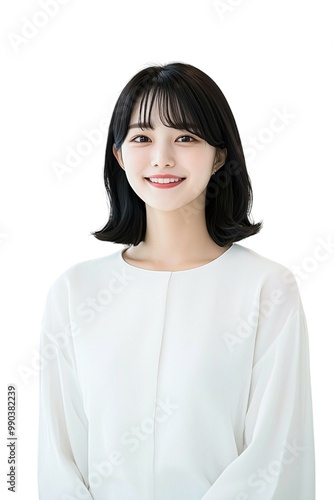 Elegant Young Woman with Short Black Hair in White Blouse