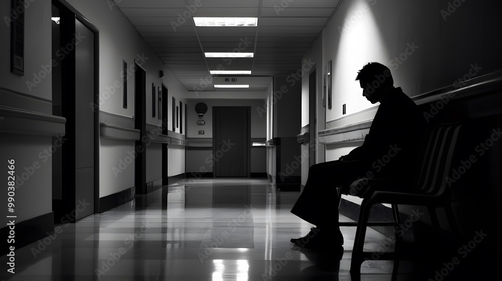Silhouette of a Man Sitting in a Hospital Hallway Silhouette of a Man Sitting in a Hospital Hallway