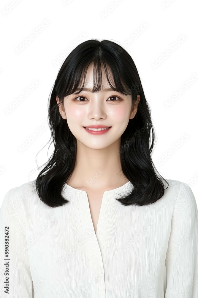 Elegant Young Woman with Short Black Hair in White Blouse Elegant Young Woman with Short Black Hair in White Blouse