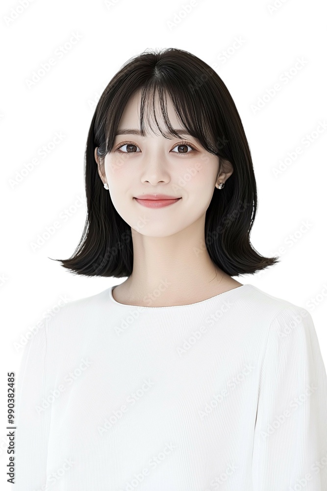 Elegant Young Woman with Short Black Hair in White Blouse Elegant Young Woman with Short Black Hair in White Blouse