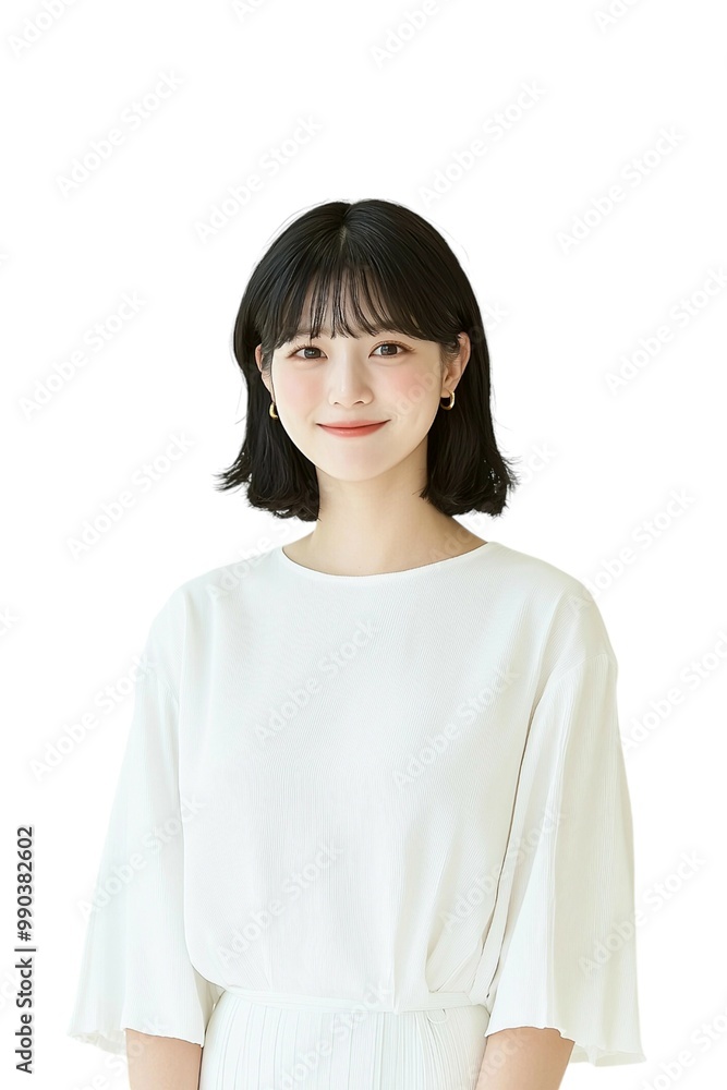 Elegant Young Woman with Short Black Hair in White Blouse Elegant Young Woman with Short Black Hair in White Blouse