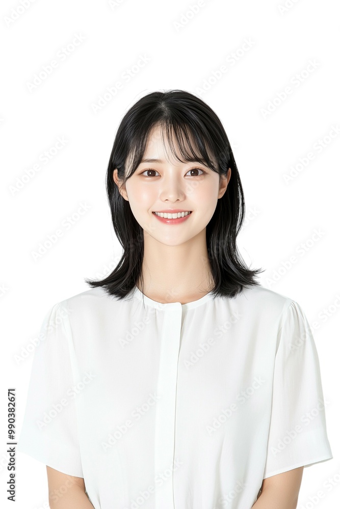 Elegant Young Woman with Short Black Hair in White Blouse Elegant Young Woman with Short Black Hair in White Blouse