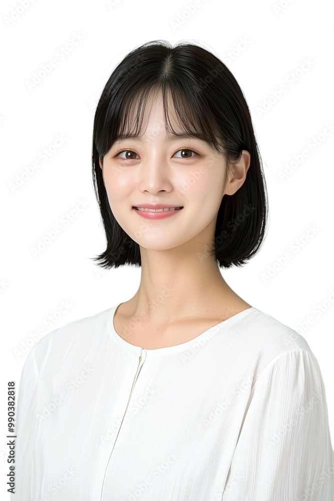 Elegant Young Woman with Short Black Hair in White Blouse Elegant Young Woman with Short Black Hair in White Blouse