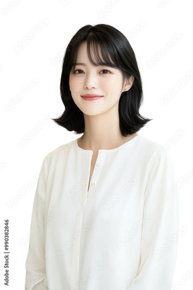 Elegant Young Woman with Short Black Hair in White Blouse Elegant Young Woman with Short Black Hair in White Blouse