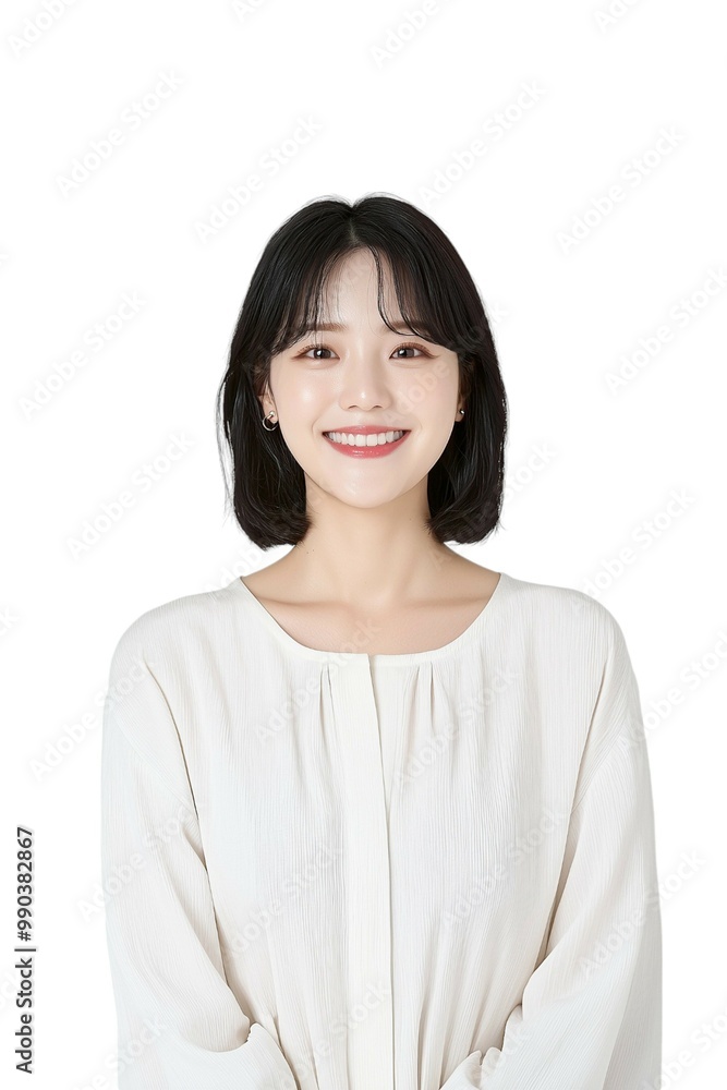 Elegant Young Woman with Short Black Hair in White Blouse Elegant Young Woman with Short Black Hair in White Blouse