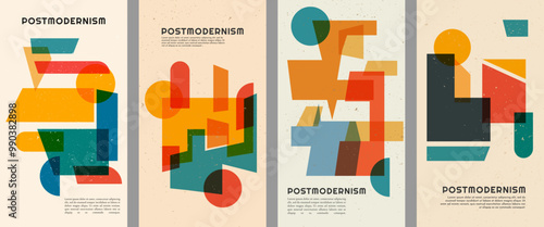 Vector illustration. Geometric shape composition backgrounds set. Dynamic abstract flat mid-century design template of leaflet, coupon, voucher, wall decor. Retro old-fashioned constructed graphic art