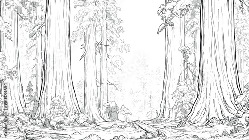 Forest of Tall Sequoias Coloring Book Page Clean Line Art Majestic Sequoia Trees Illustration Serene Forest Scene Fun Nature Drawing for Kids Grand Tree Art Page