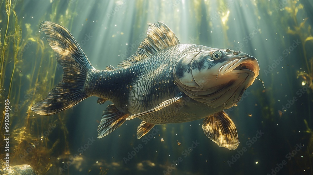 A large, silver fish with black markings swims through the water, illuminated by beams of sunlight. A large, silver fish with black markings swims through the water, illuminated by beams of sunlight.