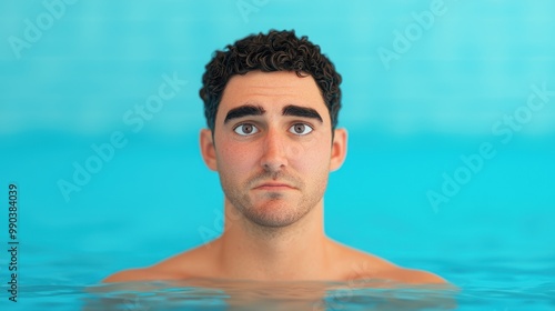 Man in Water with Serious Expression and Curly Hair