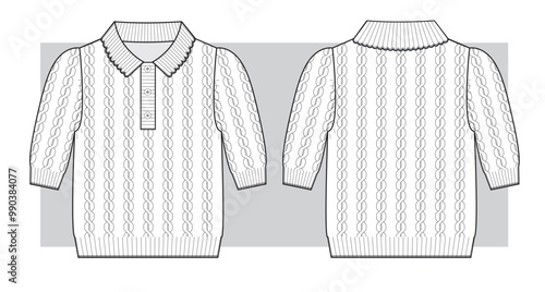 Knitted polo t-shirt with braids. Technical scketch.