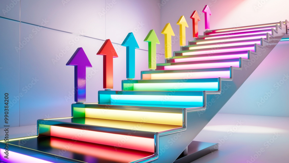 A brightly colored 3D staircase made of sleek, glass, metal, with each step illuminated by neon lights. On each step, vibrant arrows point upward symbolizing career advancement and business growth A brightly colored 3D staircase made of sleek, glass, metal, with each step illuminated by neon lights. On each step, vibrant arrows point upward symbolizing career advancement and business growth