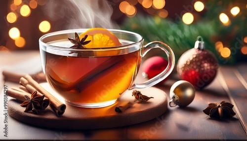 A steaming cup of holiday tea with cinnamon sticks, cloves, and a slice of orange, set against a cozy background, capturing the warmth and festive spirit of the season