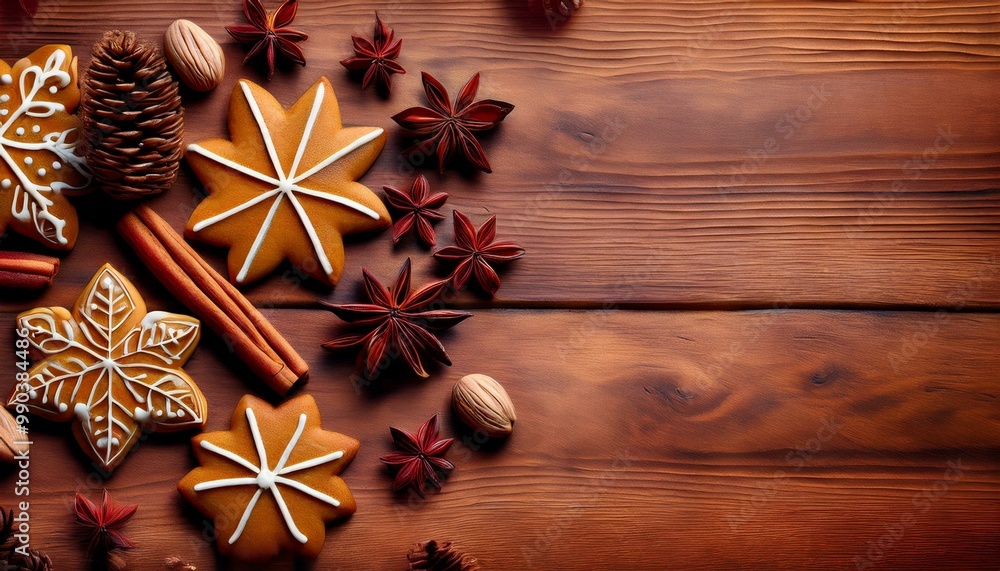 A festive background with scattered Christmas gingerbread cookies, cinnamon sticks, anise stars, and pinecones, creating a cozy and aromatic holiday atmosphere perfect for the winter season.
A festive background with scattered Christmas gingerbread cookies, cinnamon sticks, anise stars, and pinecones, creating a cozy and aromatic holiday atmosphere perfect for the winter season.