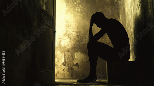 Man Remorse in Dimly Lit Despair - silhouette man model