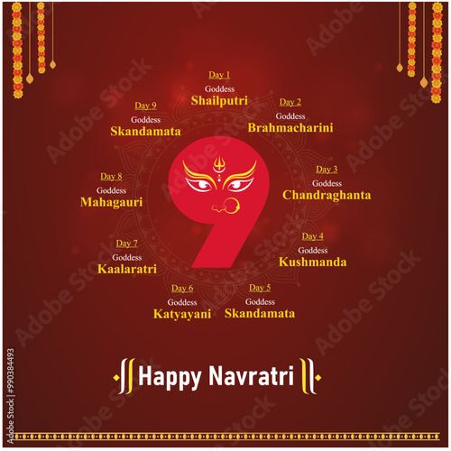 Happy Navratri 9 Days, Nine Goddess. Maa Durga, Dussehra, Vijayadashami Greetings vector Design Template